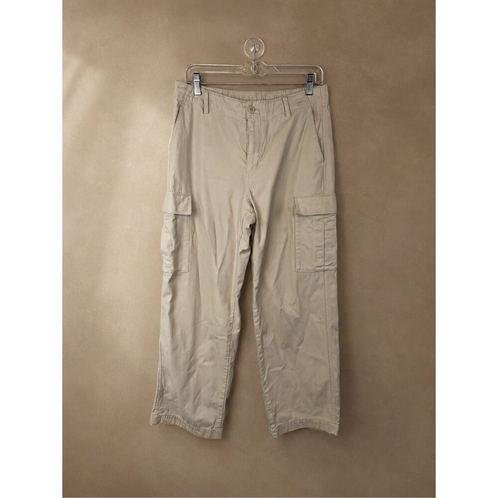 Uniqlo Medium Cotton Cargo Pants Beige Utility Straight Leg Elastic Back